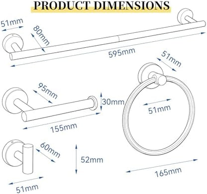 HOMOTEK 4 Pieces Bathroom Accessories Hardware Set, 24 inch Towel Bar, Towel Ring, Robe Hook, Toilet Paper Holder, Stainless Steel Rack Kit Wall Mounted, Gold