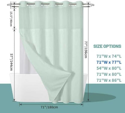 No Hook Waffle Shower Curtain with Snap-in Liner, 71x77 Inch, Mint Green