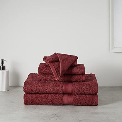 Amazon Basics Fade-Resistant 100% Cotton Washcloths for Bathroom, Soft Absorbent, 6-Piece, Crimson