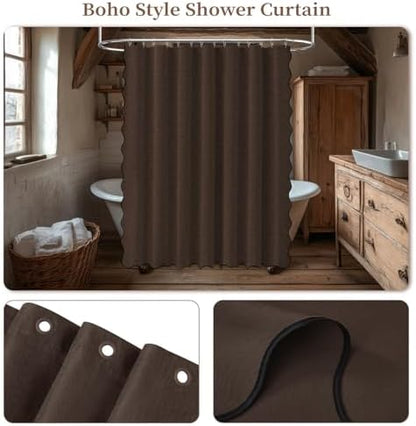 BTTN 84x72 Boho Scalloped Linen Textured Cloth Shower Curtain Set, Brown