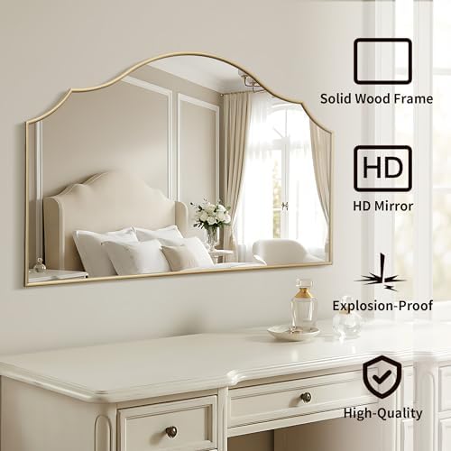Besdomus Gold Scalloped Wall Mirror: 47"x31" Large Wooden Fireplace Mirror