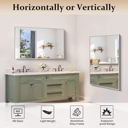 COFENY Silver Bathroom Mirror for Wall, 30x48 Inch Rectangle Mirrors with Metal Frame, Modern Vanity Wall Mirror Decor for Bathroom Living Room, Entryway Hangs Horizontal or Vertical