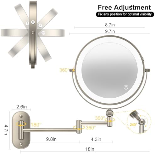 IMIKONA 9" Wall Mounted Lighted Makeup Mirror,4000mAh Rechargeable Double Sided 1X/10X Magnifying Mirror with Light,3 Color Lights,Touch Dimmable,Extended Arm 360 Rotation Wall Mounted Makeup Mirror