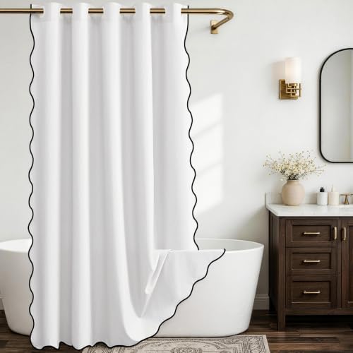 Furlinic Scalloped Shower Curtain No Hook White Linen Boho Waterproof 96x75