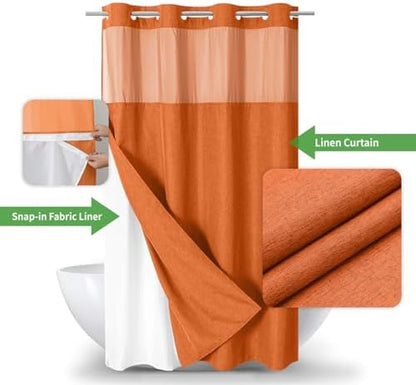 eachope No Hook Fabric Shower Curtain with Snap-in Liner,54x80 Burnt Orange