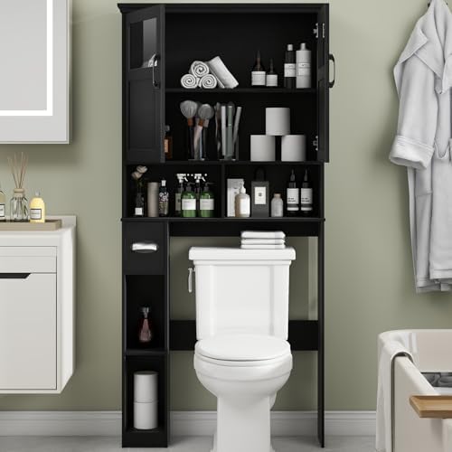 Vabches Over The Toilet Storage Cabinet with Doors & Paper Holder, Black