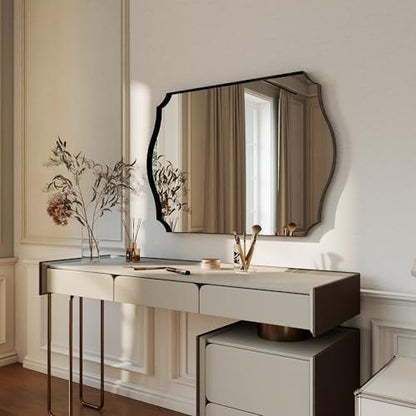 Black Vanity Wall Mirror 30"x22", Scalloped Edge Bathroom Mirror