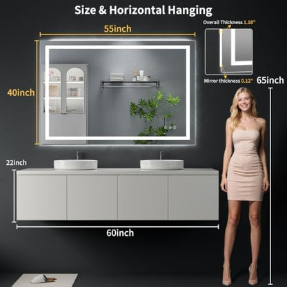 55"x40" LED Bathroom Mirror with Lights, Anti-Fog, Backlit+Frontlit