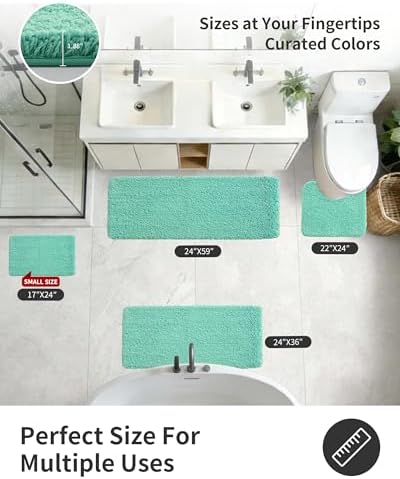 ILANGO Spa Blue Bathroom Rugs 36" × 24" Non Slip & Super Absorbent Extra Thick Soft, Washable Bath Mat for Floor, Microfiber Plush Shaggy Bath Rug with Rubber for Bathtub Shower Room Sink