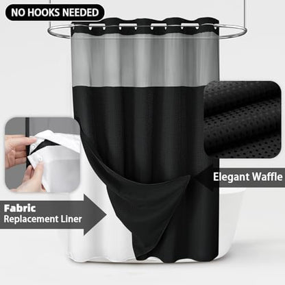 No Hook Shower Curtain with Liner Set Hotel Waffle Curtain Black 72W X 78L