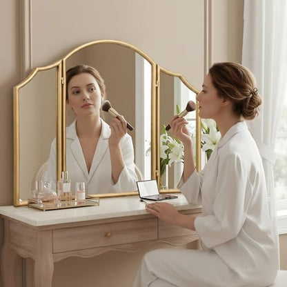 Besdomus Gold Scalloped Vanity Mirror: 36"x24" Three Sided Dresser Miror