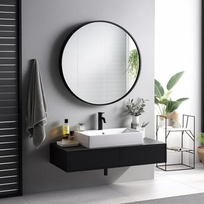 Sunniry Round Mirror 28 inch, Round Black Mirror, Matte Black Metal Frame