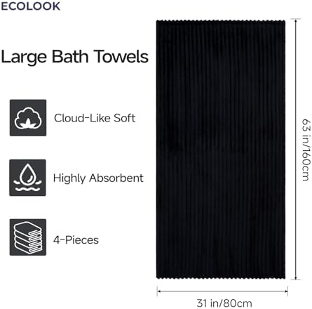 ecolook Black Bath Towel Set of 4, 31 x 63 in, Soft and Highly Absorbent, Lightweight Microfiber Towels for Bathroom, Gym, Hotel and Spa