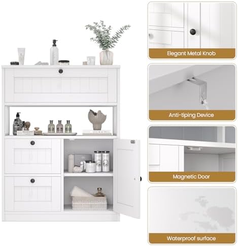 GRUSIGN Bathroom Cabinet, Modern Bathroom Floor Storage Cabinet Organizer with 1 Door and 3 Drawers, Freestanding Cupboard for Kitchen/Living Room Use