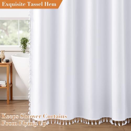 Nanspring Extra Long White Boho Linen Shower Curtain 96 Inches Tassel Neutral Textured Cloth Shower Curtain Set with Hooks Rustic Elegant Shower Curtain for Bathroom Water Repellent 72x96, White