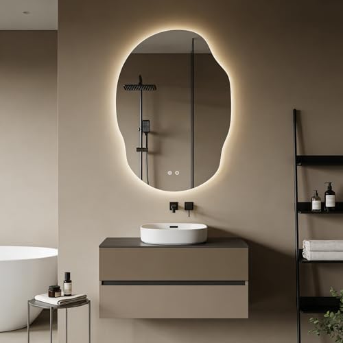 WallBeyond Backlit LED Bathroom Vanity Mirror with Lights, Irregular Asymmetrical Design,45" H x 32" W, Anti-Fog, Dimmable 3 Color Lighting, Memory, Hardwired Mount, Supports Horizontal & Vertical