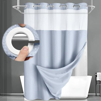 No Hook Shower Curtain with Liner Set Hotel Waffle Mist Blue 72W X 75L