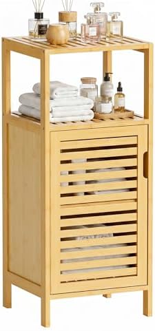HITNET Bathroom Cabinet Freestanding, Small Bamboo Floor Cabinet, 4 Tier Single Door Sofa Side Table Storage Organizer, Space Saving Kitchen Cupboard, Natural
