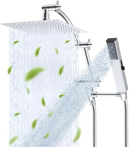 Hibbent All Metal CUPC Certified 8'' Rainfall Shower Head, Dual Shower Head Combo with 4 Handheld Sprays, High Pressure Shower Wand, 16'' Adjustable Extension Arm, 71'' Hose, Shower Holder, Chrome