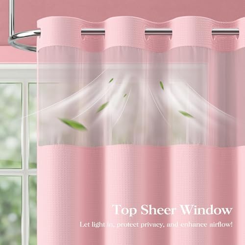 Dynamene Pink Hook Free Waffle Shower Curtain & Snap-in Fabric Liner,72x75