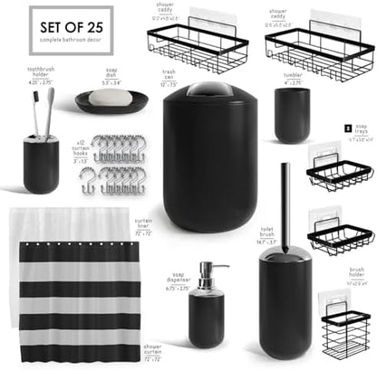 Clara Clark Bathroom Accessories Set - Bathroom Set with Adhesive Corner Shower Caddy Hanging, 25PC Bathroom Accessory Set, Black Shower Curtain Set, Toilet Brush, Trash Can & Soap Dispenser