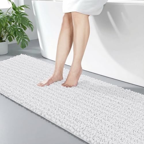 Disolla White Bathroom Runner Rug 24x60 Inch - Large Long Chenille Bath Mat, Thick Shaggy Plush Absorbent Floor Mat, Non-Slip Runner for Master Bathroom and Bedside