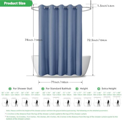 No Hook Waffle Shower Curtain, No Liner Needed, 71x74 Inch, Moonlight Blue