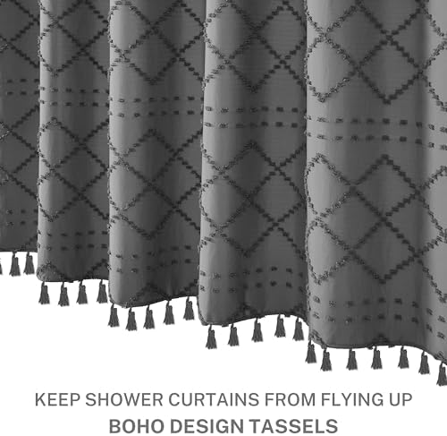 Extra Long Boho Grey Woven Fabric 84 Inch Shower Curtain 72 x 84 Tufted Chevron Striped Shabby Chic Textured, Modern Farmhouse Minimalist, Water Resistant Curtain Set for Bathroom, Hotel Decor