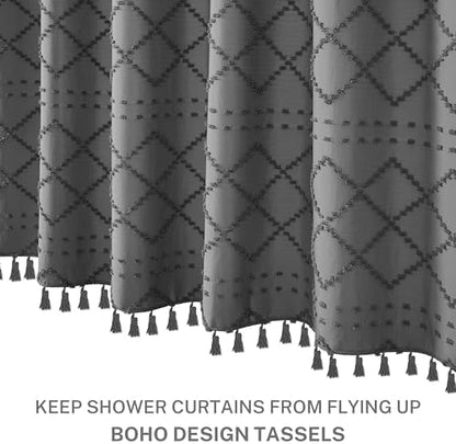 Extra Long Boho Grey Woven Fabric 84 Inch Shower Curtain 72 x 84 Tufted Chevron Striped Shabby Chic Textured, Modern Farmhouse Minimalist, Water Resistant Curtain Set for Bathroom, Hotel Decor