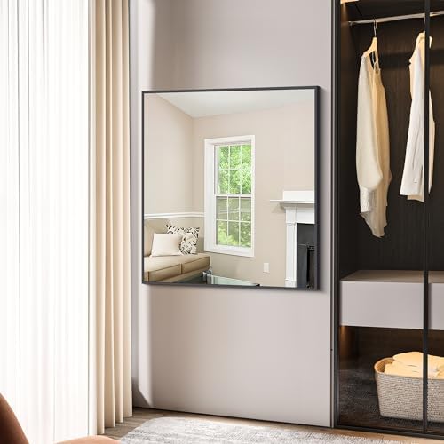 BONEWEI Bathroom Mirror,36x40 inch Wall Mirror for Bathroom Wall Mounted Black Rectangle Square Corner Mirrors, Black Bathroom Mirror for Living Room, Farmhouse, Bedroom Entryway, Horizontal/Vertical