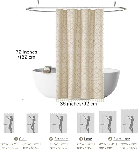 Siiluminisoy Small Stall Boho Shower Curtain Cream/Beige Tassle Woven Fabric Shower Curtain 36 x 72 Half Size Tufted Chevron Striped Textured Modern Farmhouse Minimalist Cloth for Bathroom
