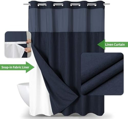 eachope No Hook Fabric Shower Curtain with Snap-in Liner,71x74 Navy Blue