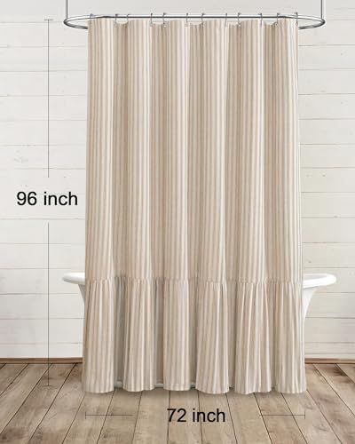 Farmhouse Shower Curtain Ruffle Linen Cream-Beige Stripe 72"W x 96"L