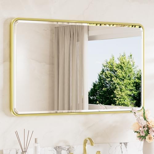 TETOTE Brushed Gold Mirrors for Wall 40 x 24 Beveled Edge Tempered Glass, Rounded Corner Rectangle Framed Mirror for Modern Bathroom, Living Room, Bedroom, Entryway