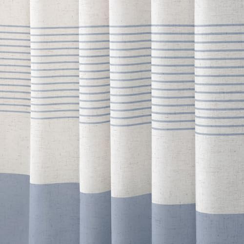 Light Blue Coastal Ocean Linen Striped Shower Curtain with Tassel 72W X 72L