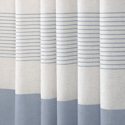 Light Blue Coastal Ocean Linen Striped Shower Curtain with Tassel 72W X 72L