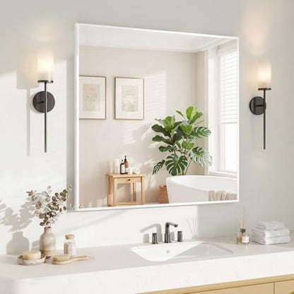 Koonmi White Rectangle Wall Mirror, 30x30 Inch Bathroom Mirror, Aluminum Frame Vanity Mirror for Entryway, Living Room, Bedroom Bathroom, Hangs Horizontally or Vertically
