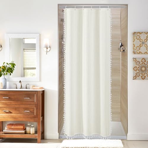 Boho Farmhouse Tassel Linen Shower Curtain,3D Embroidery Stripe Ivory,36x72