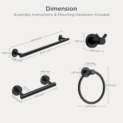 FORIOUS Bathroom Accessories, 4-Piece Bathroom Hardware Set - 24" Towel Bar