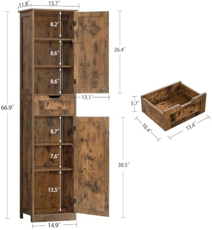 Iwell 66.9" Tall Bathroom Storage Cabinet with 2 Doors & 1 Drawer