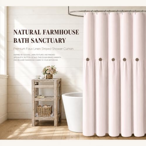 Farmhouse Shower Curtain Button Pink Stripe 72" W x 72" L