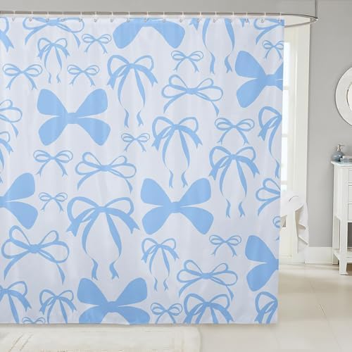 jejeloiu Cute Bowknot Shower Curtain for Bathroom Decor 72"x84" Blue Girls Bow Bath Curtain Kawaii Bathroom Accessories Waterproof Polyester Fabric with 12 Hooks for Stalls Bathtubs Princess Decor