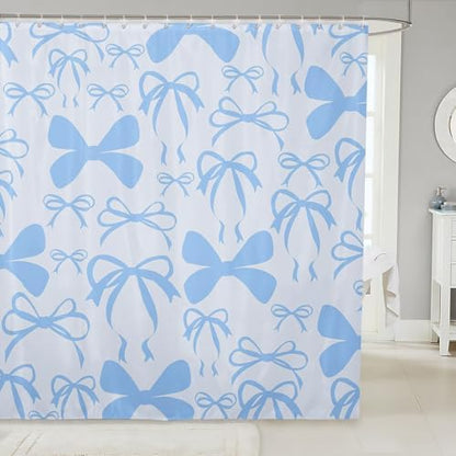 jejeloiu Cute Bowknot Shower Curtain for Bathroom Decor 72"x72" Blue Girls Bow Bath Curtain Kawaii Bathroom Accessories Waterproof Polyester Fabric with 12 Hooks for Stalls Bathtubs Princess Decor