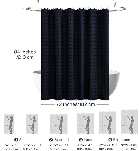 Siiluminisoy Extra Long Boho Shower Curtain Woven Fabric 84 Inch Navy Blue Shower Curtain, 72 x 84 Tufted Pleat Floral Puffs Textured Modern Minimalist Shower Curtain Set with Hooks for Bathroom