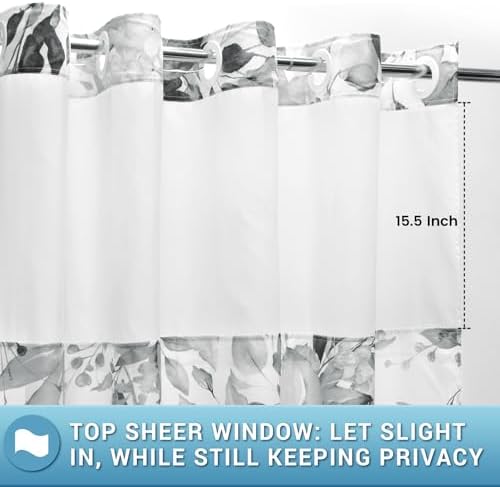 WITHLOC No Hook Floral Shower Curtain with Liner, Eucalyptus Grey, 71x74