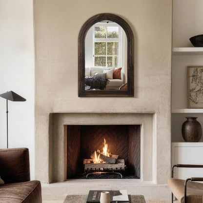 Arched Bathroom Mirror, 36"x24" Brown Wood Frame Wall Mirror
