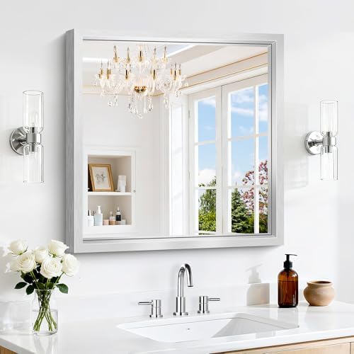 24 x 24 Silver Bathroom Mirror, Brushed Silver Square Mirror for Wall, 0.6" Thickened Deep Frame Mirrors for Bathroom Sink, Shatterproof Tempered Glass, Antirust, Horizontally or Vertically