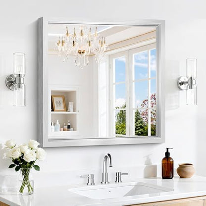 24 x 24 Silver Bathroom Mirror, Brushed Silver Square Mirror for Wall, 0.6" Thickened Deep Frame Mirrors for Bathroom Sink, Shatterproof Tempered Glass, Antirust, Horizontally or Vertically