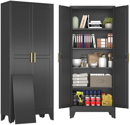 71" Black Metal Storage Cabinet with 2 Doors and 4 Adjustable Shelves,Steel Garage Tool Cabinet, File Cabinet,Kitchen Pantry Cabinet for Home,Office,Garage,School,Warehouse