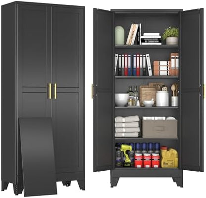 71" Black Metal Storage Cabinet with 2 Doors and 4 Adjustable Shelves,Steel Garage Tool Cabinet, File Cabinet,Kitchen Pantry Cabinet for Home,Office,Garage,School,Warehouse